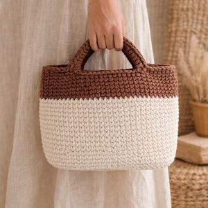 Elegant Handmade Crochet Boho Tote • Brown & Cream • Medium • NWOT